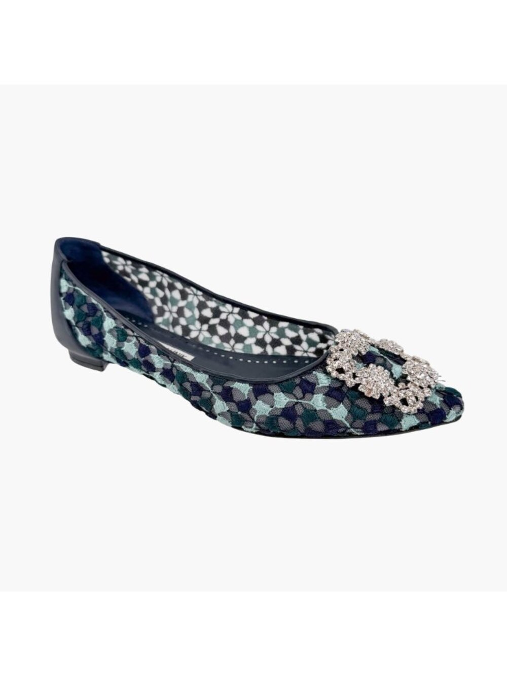 Manolo Blahnik Hangisi Ballet Flats Blue Lace Size 37.5 US 7.5 Crystal Pointed - Picture 9 of 15